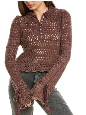 Free People Brown Crochet Open Knit Boho Top Satin Ribbon XS